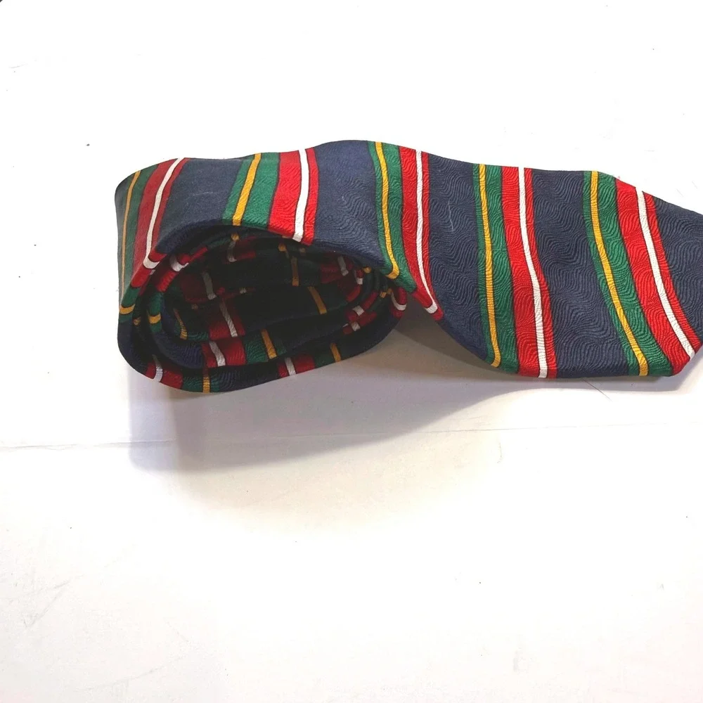 Evan-Picone Mens Silk Tie Navy Green Red Gold Horizontal Stripe Textured Weave
